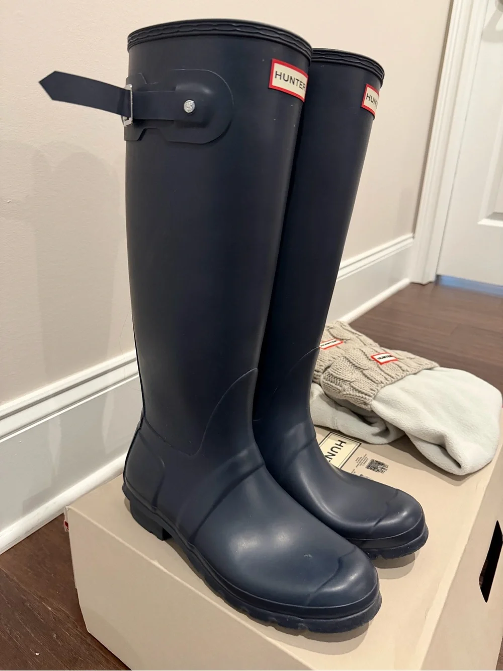 Hunter Navy Matte Tall Women's Rain Boots w/Liner